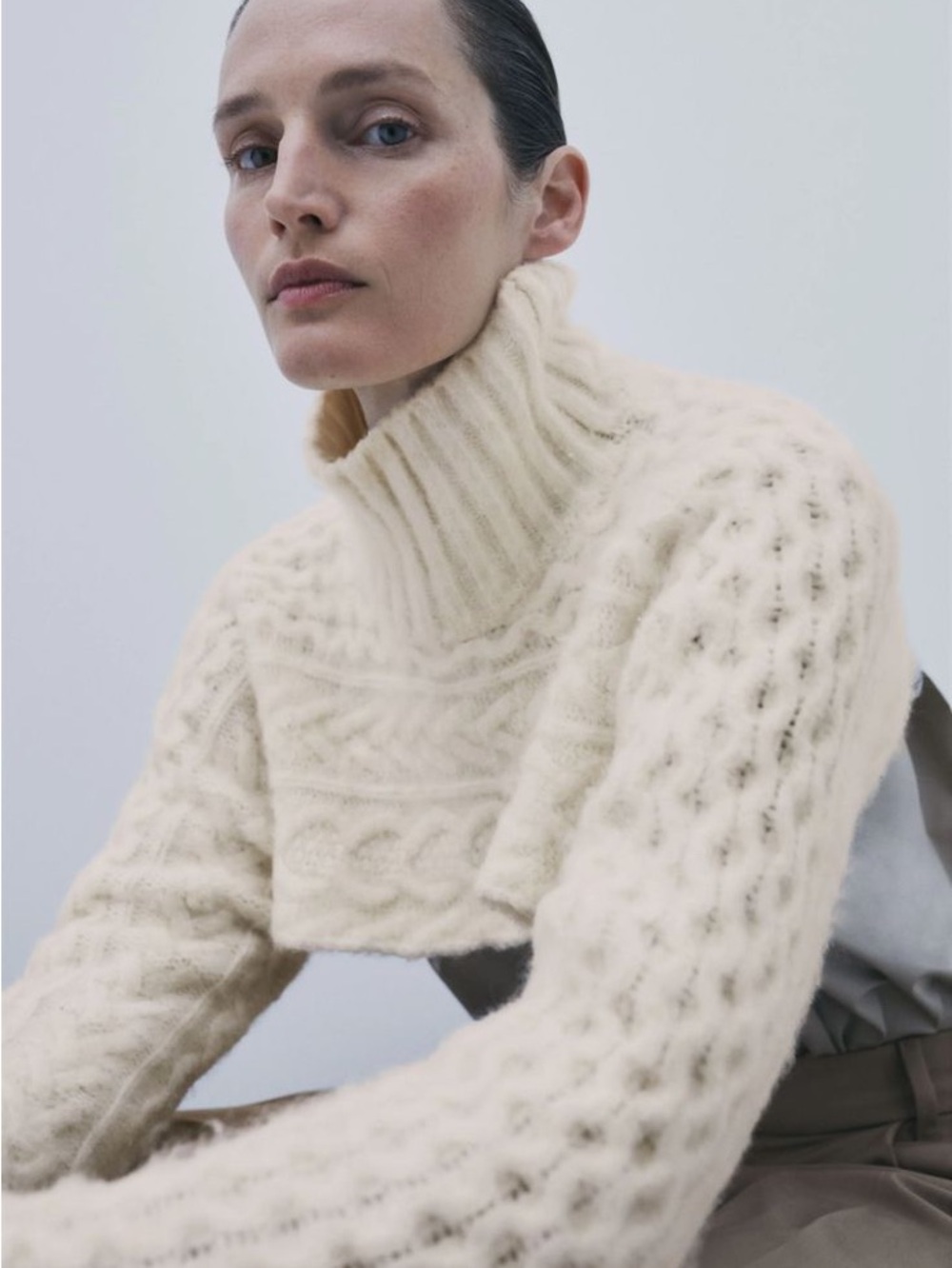 Zara Cream Cable-Stitch High-Neck Sweater